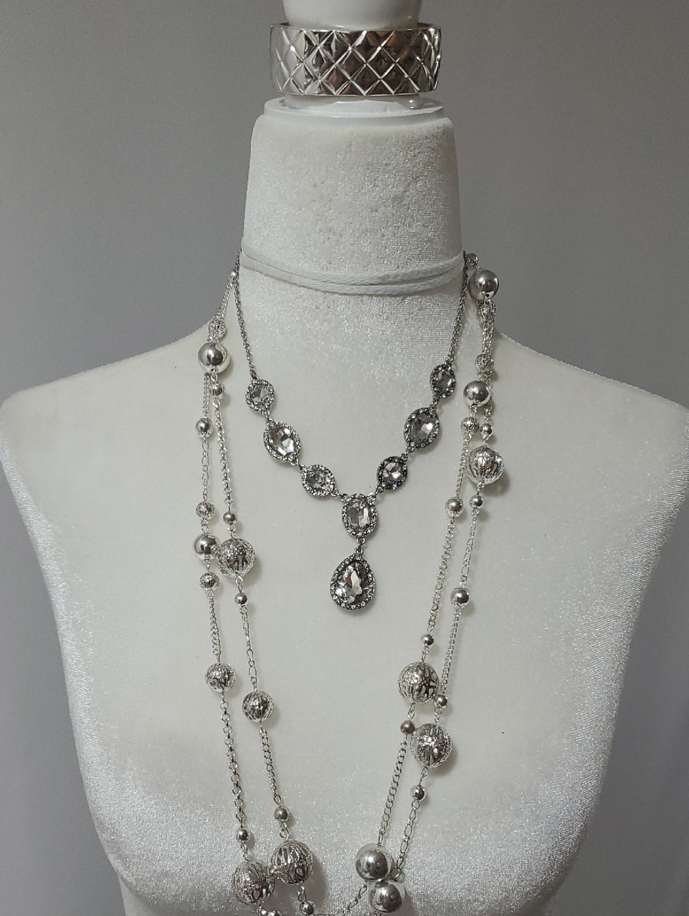 Vintage Silver-Tone Layered Crystal Drop Necklace